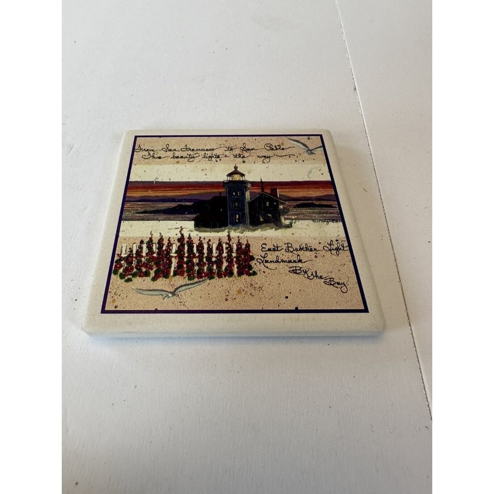 ABSORBASTONE LOT (4) Stone Sea with Lighthouse with Flowers Cork Back Coaster